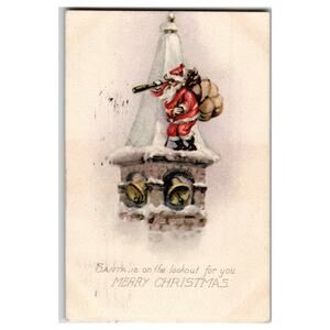 Vintage 1919 Christmas Postcard Santa on Lookout Bell Tower